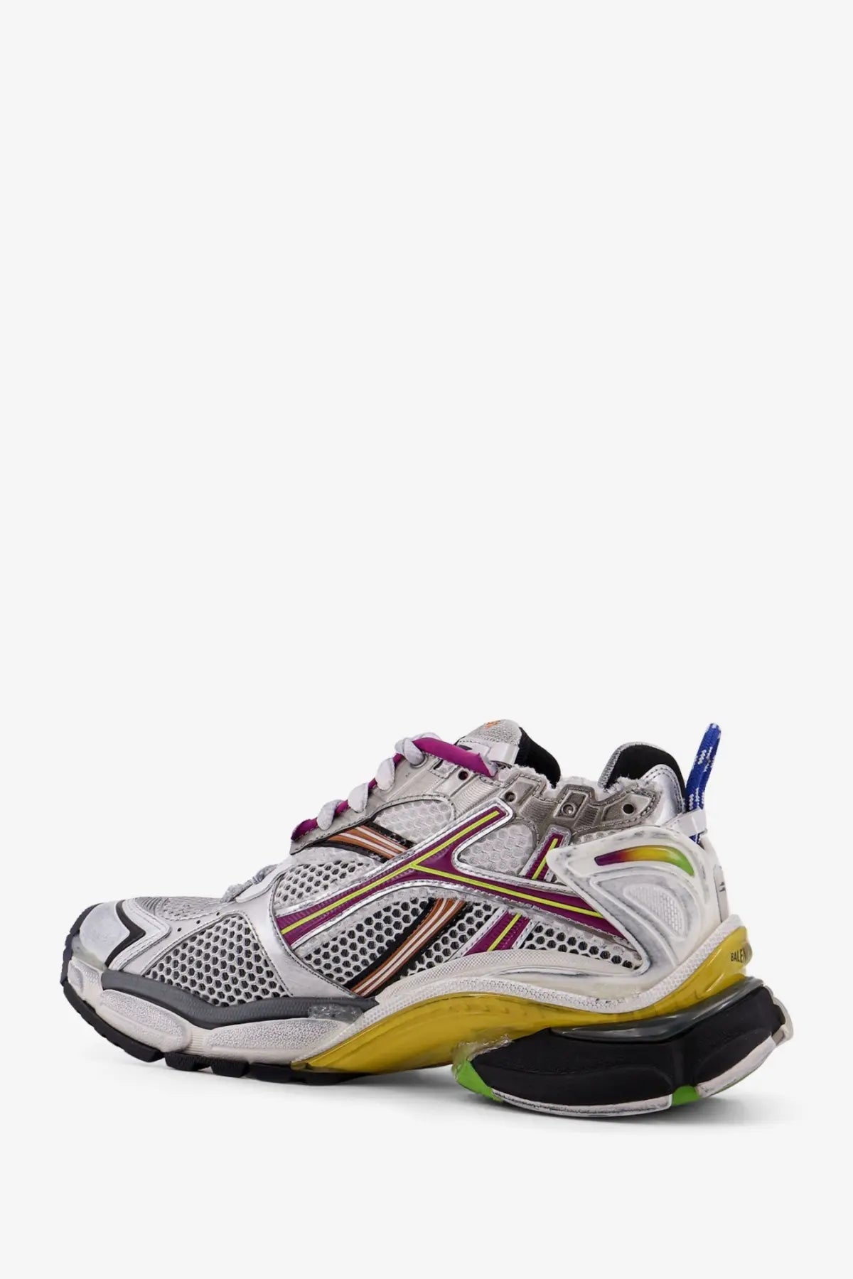 Balenciaga women’s runner low top mesh sneakers in white and yellow with synthetic overlays and purple rainbow accents