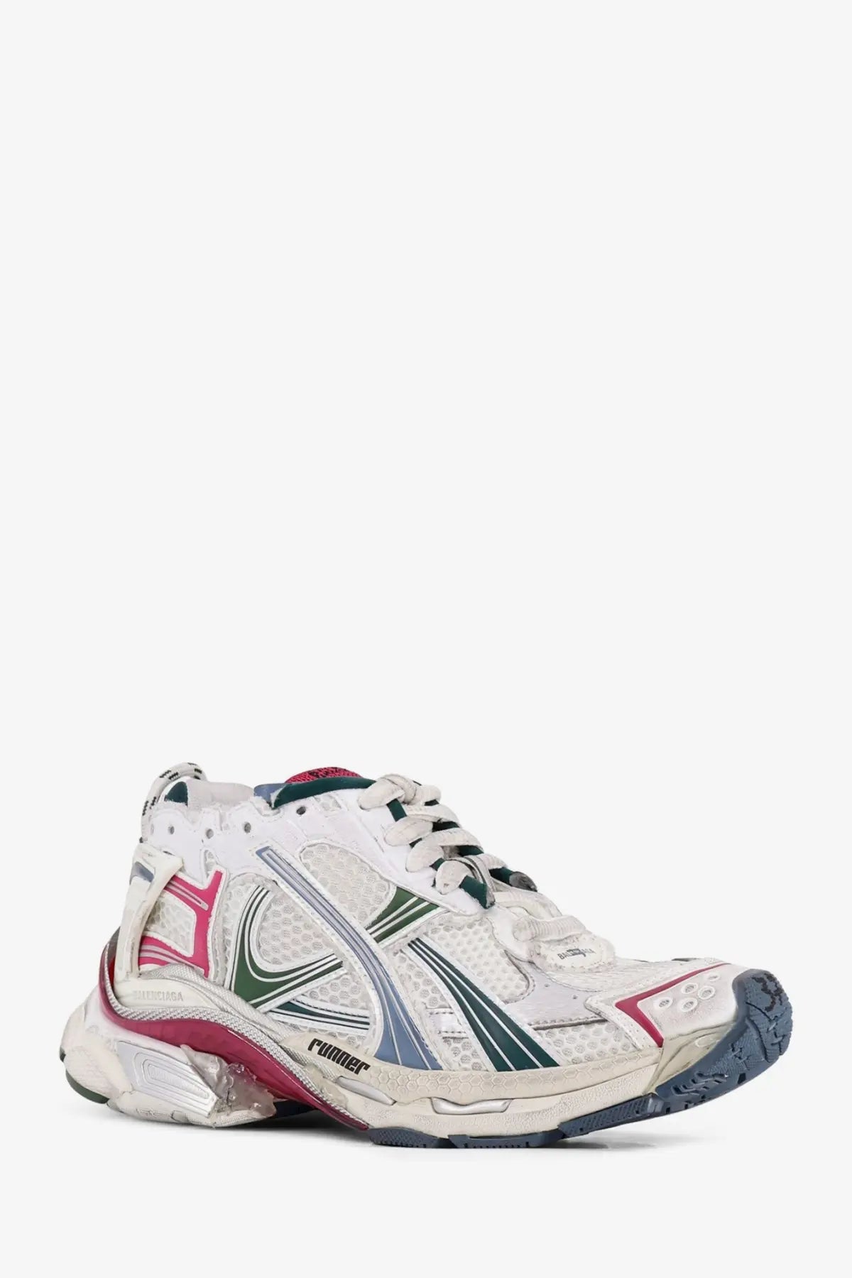 Balenciaga women’s runner low top mesh sneaker in white with pink green and blue accents on mesh upper