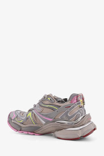 Balenciaga women’s runner nylon low top sneakers beige chunky layered gray with neon yellow pink accents and metallic silver overlays