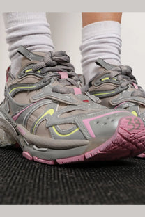 Balenciaga women’s runner nylon low top sneakers in gray and pink with neon yellow accents and triple s design