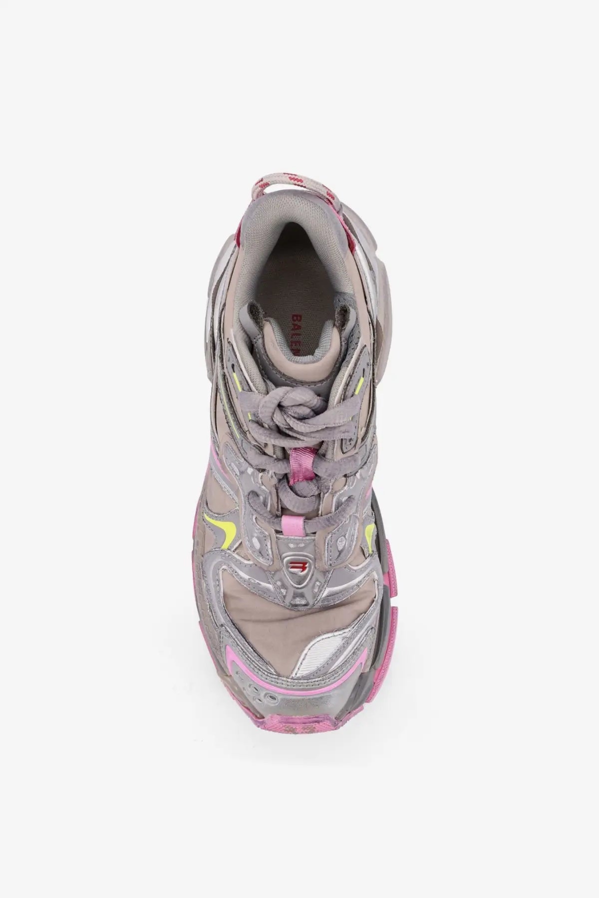 Balenciaga women’s runner nylon low top sneakers in beige with gray pink triple s design metallic accents and neon yellow details