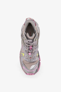 Balenciaga women’s runner nylon low top sneakers in beige with gray pink triple s design metallic accents and neon yellow details