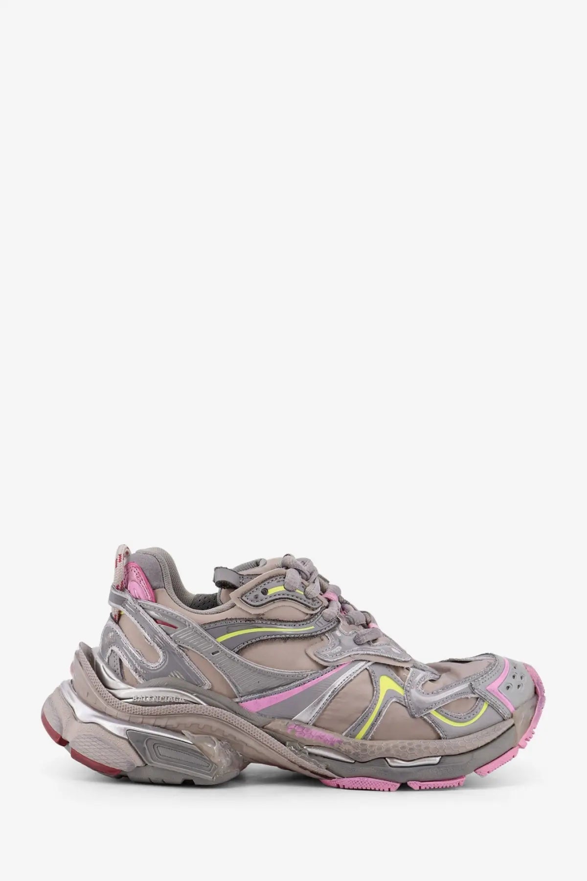 Balenciaga women’s runner nylon low top sneaker in beige with gray and pink triple s design and chunky silver midsole