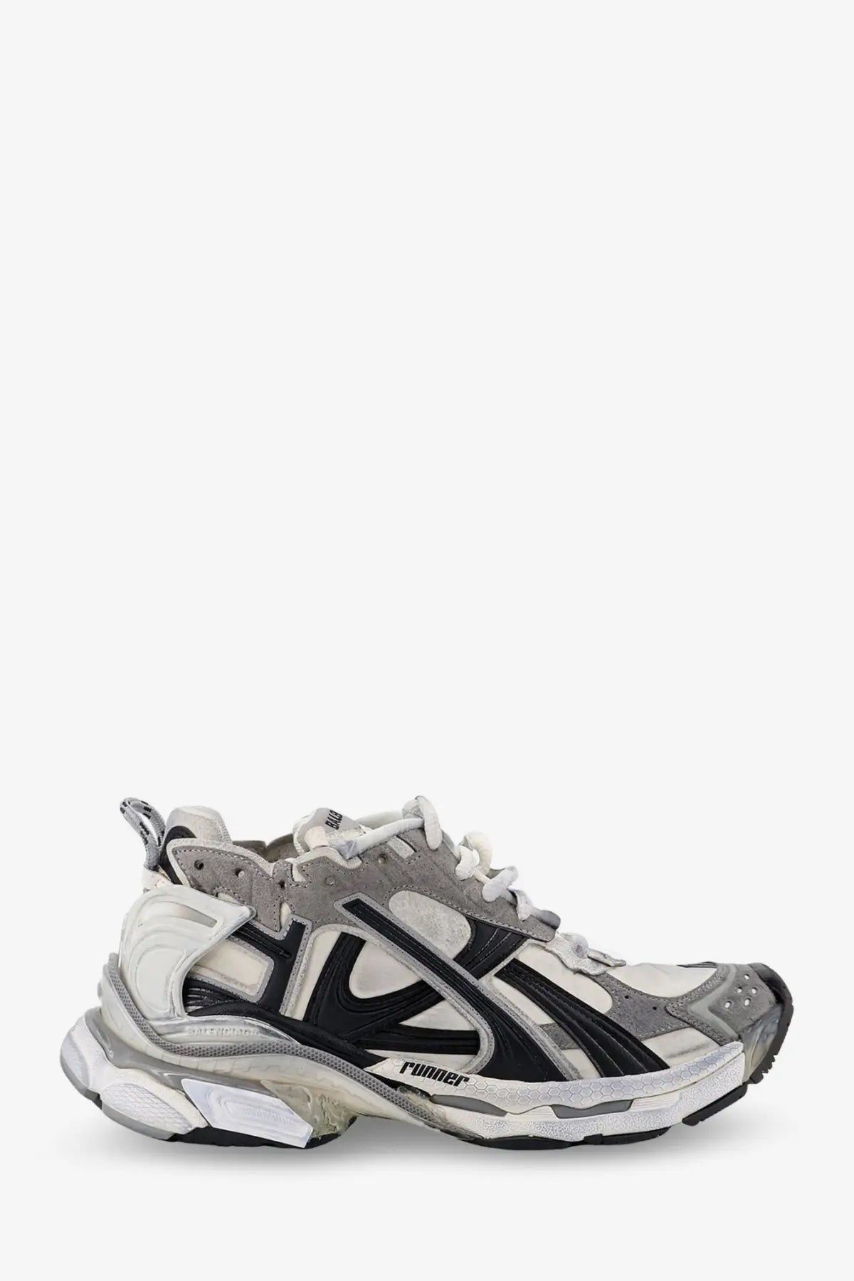 Balenciaga women’s runner nylon sneaker in black white with gray suede accents and translucent rubber sole
