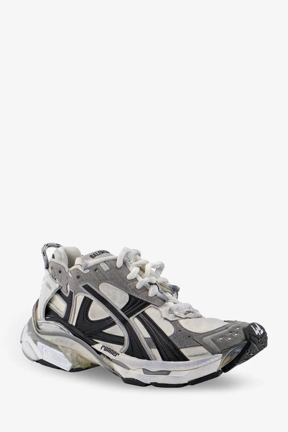 Balenciaga women’s runner nylon sneakers in black gray and white with chunky sole and layered puffer design