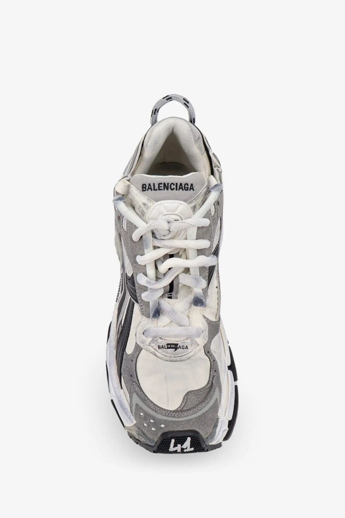 Balenciaga women’s runner nylon sneakers in black featuring layered gray white design with black accents