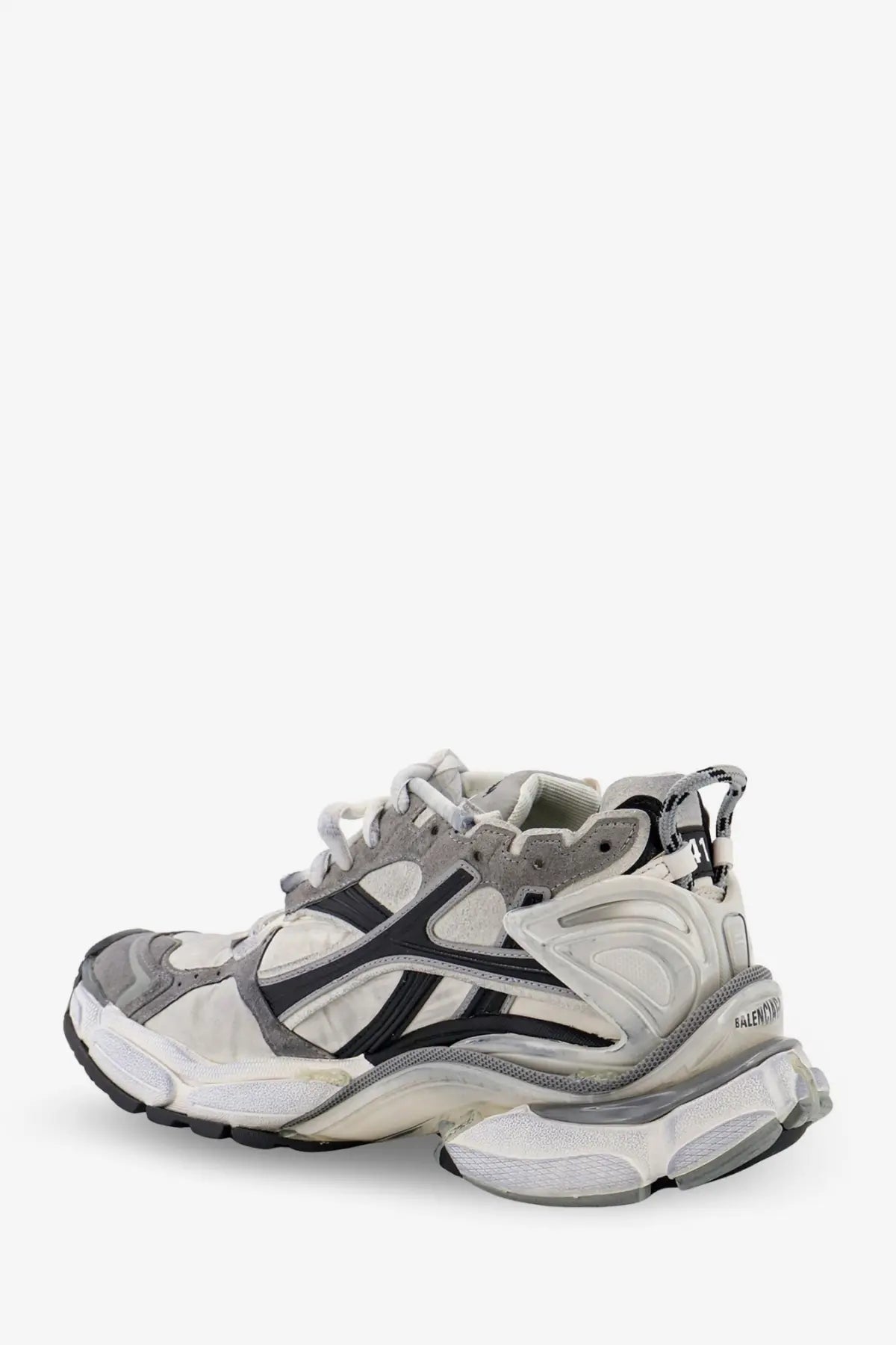 Balenciaga women’s runner nylon sneakers in black with chunky sole and layered white gray and black materials