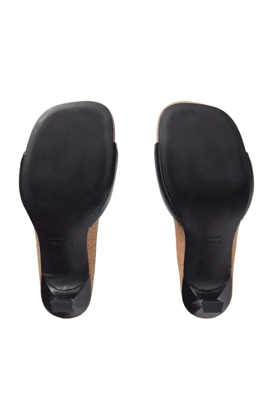 Balenciaga women’s black leather mules with cork heel and square toe perfect for stylish casual wear