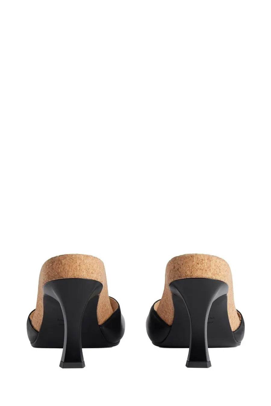 Balenciaga women’s sandal scholl black leather mules with cork insole and sleek modern heel shown from the back