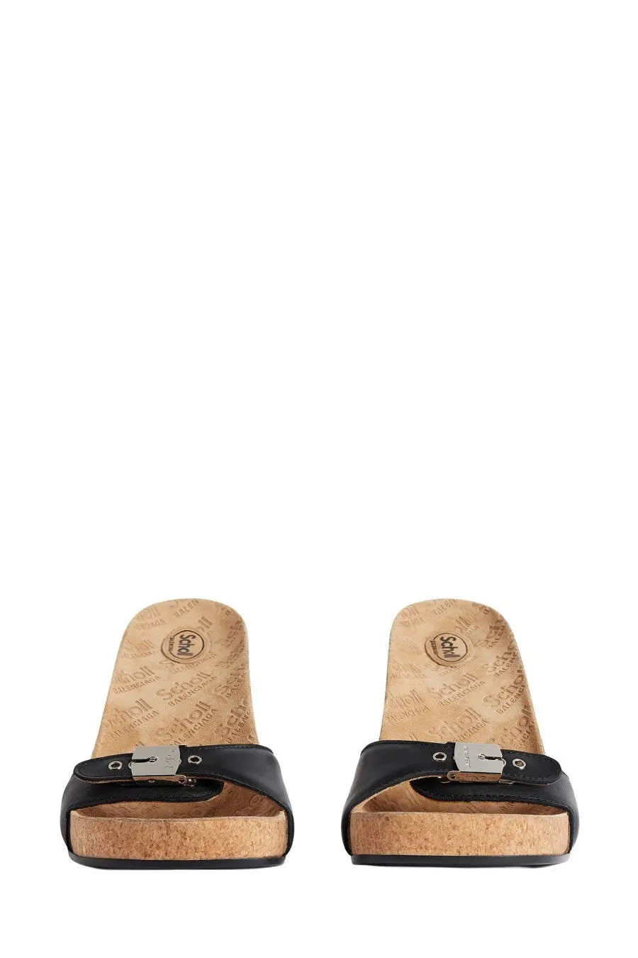 Balenciaga women’s black leather slide sandals with cork sole and silver buckle for casual wear