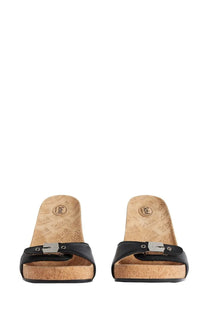 Balenciaga women’s black leather slide sandals with cork sole and silver buckle for casual wear