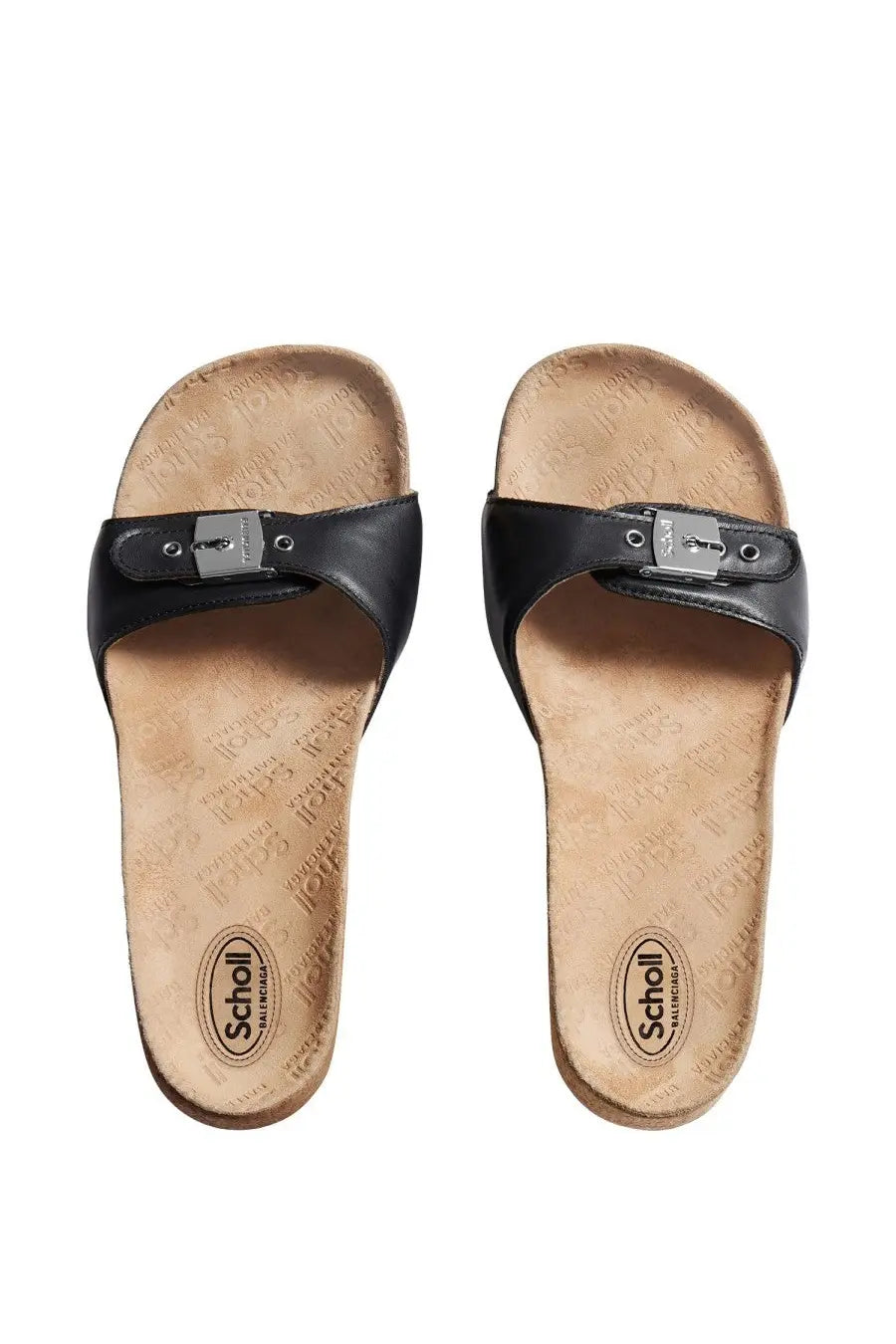 Balenciaga women’s black leather slide sandals with silver-tone buckle and tan cork insole featuring scholl logo