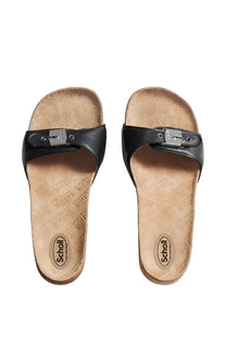 Balenciaga women’s black leather slide sandals with silver-tone buckle and tan cork insole featuring scholl logo