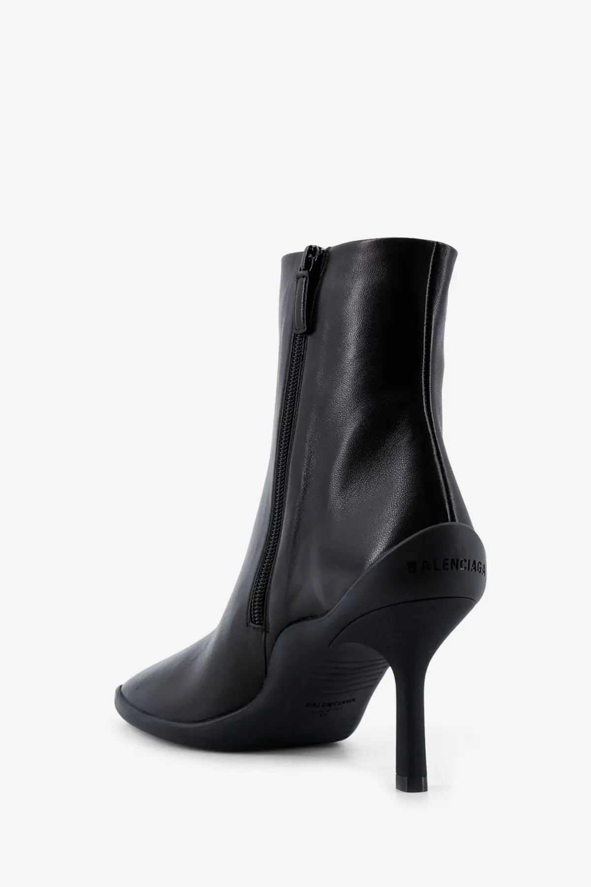 Balenciaga women’s shibuya leather ankle boot in black featuring a sleek design and high stiletto heel