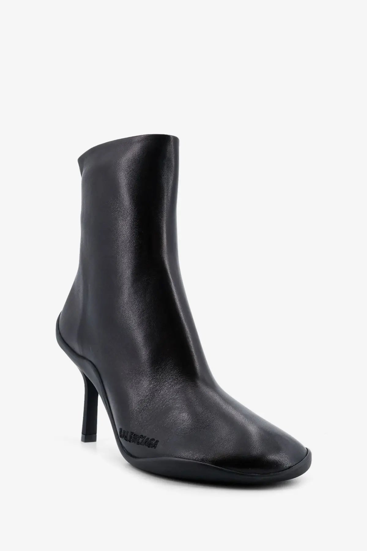 Balenciaga women’s Shibuya black leather ankle boot with sleek minimalist design and slender high heel