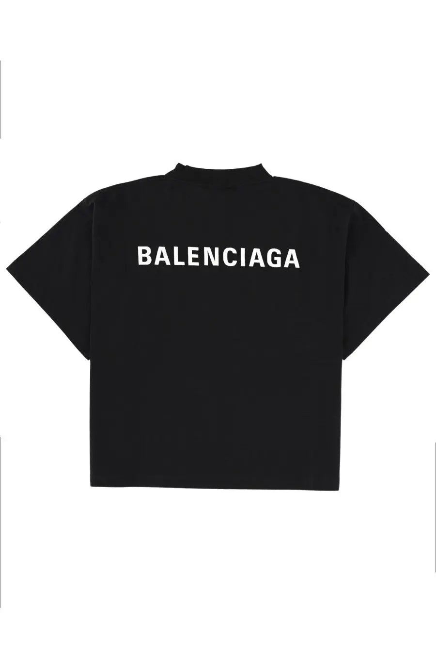 Balenciaga women’s black t-shirt showing the back with bold white lettering across the cotton fabric
