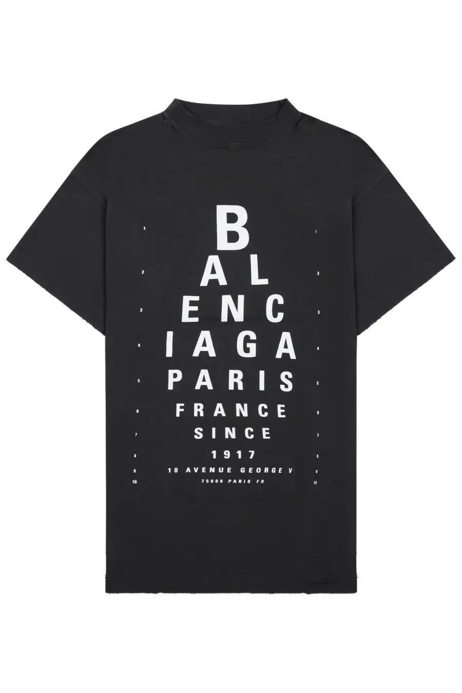 Balenciaga women’s black t-shirt featuring a bold white eye chart print with brand name and details