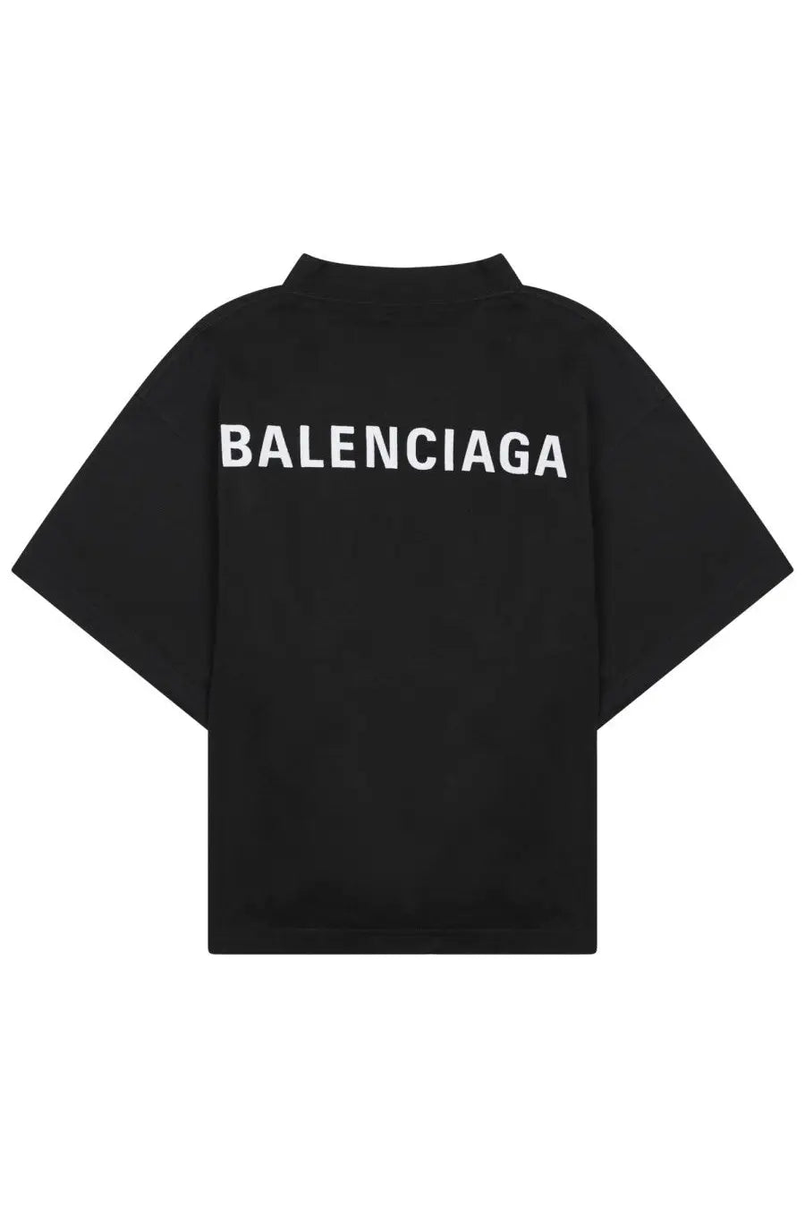 Back side of balenciaga women’s black t-shirt made of soft cotton with bold white lettering across the back