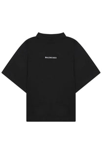 Balenciaga women’s black t-shirt featuring a minimalist white logo centered on the chest made of soft cotton