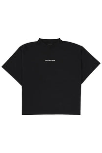 Balenciaga women’s black t-shirt featuring a minimalist white logo centered on the chest