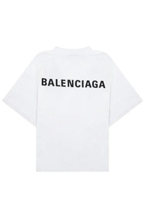 Balenciaga women’s white oversized t shirt with bold black lettering on the back for casual wear