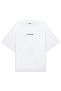 Balenciaga women’s white t-shirt with minimalist black logo centered on chest for stylish casual wear