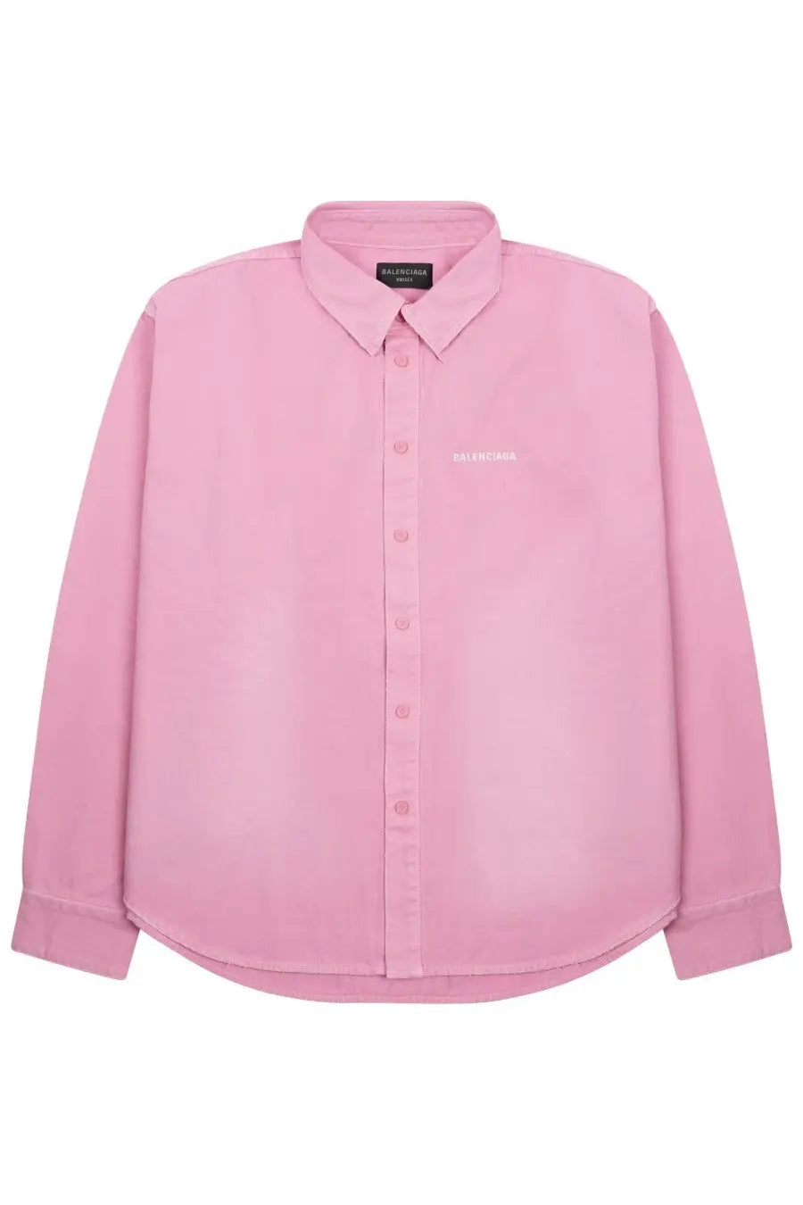 Balenciaga women’s pink button-down shirt with subtle white logo embroidery and branded collar label