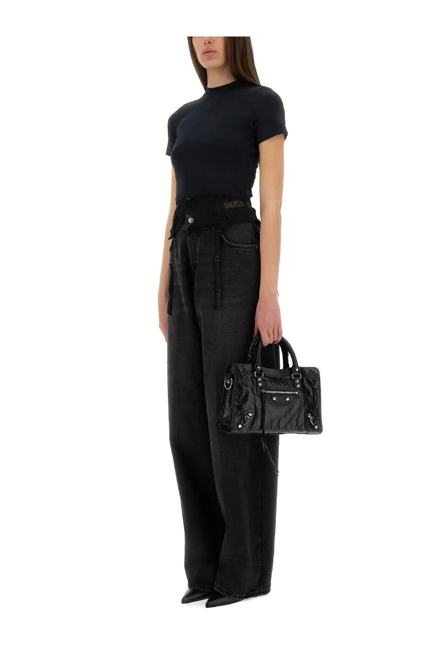 Black balenciaga city bag with glossy patent leather finish and structured design for women’s lingerie look