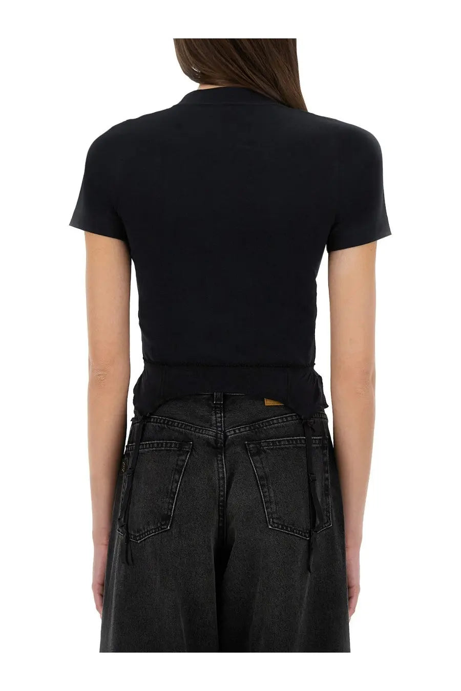 Balenciaga women’s black fitted short-sleeved top in ribbed fabric lingerie style