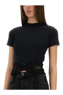Balenciaga women’s black short-sleeved shirt lingerie with high neckline and subtle ruching at the sides