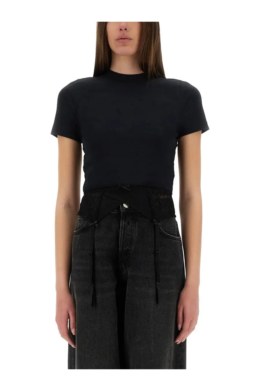 Balenciaga women’s black short-sleeved shirt lingerie with high neckline and slightly puffed sleeves