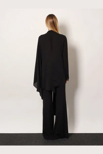 Balenciaga women’s black silk shirt featuring a flowing chiffon blazer with asymmetrical hem and wide sleeves