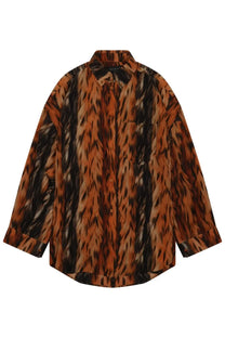 Balenciaga women’s loose-fitting silk shirt in bold orange and black leopard print with long sleeves and buttons