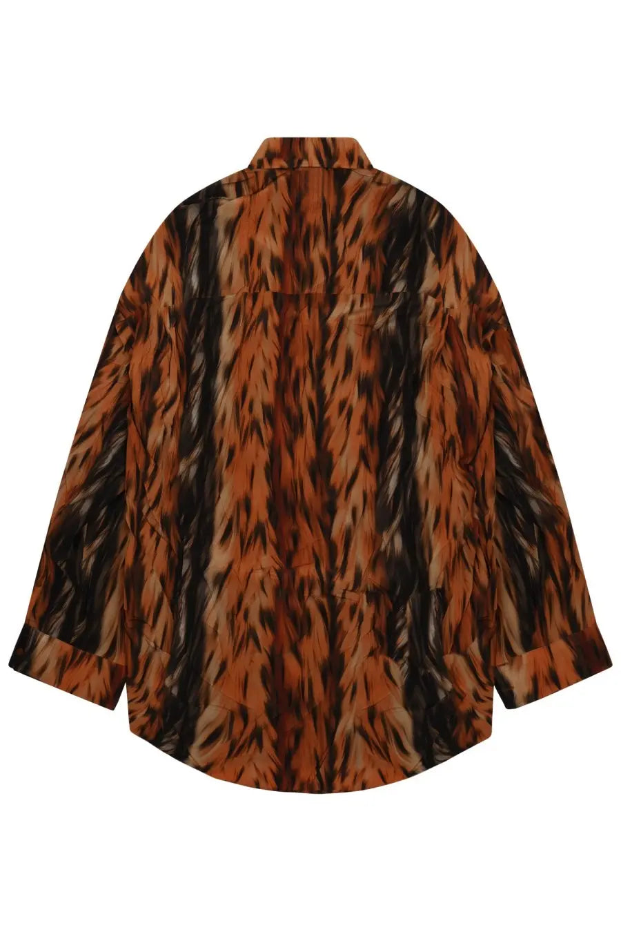 Balenciaga women’s silk oversized shirt with bold orange and black tiger stripe pattern in lightweight fabric