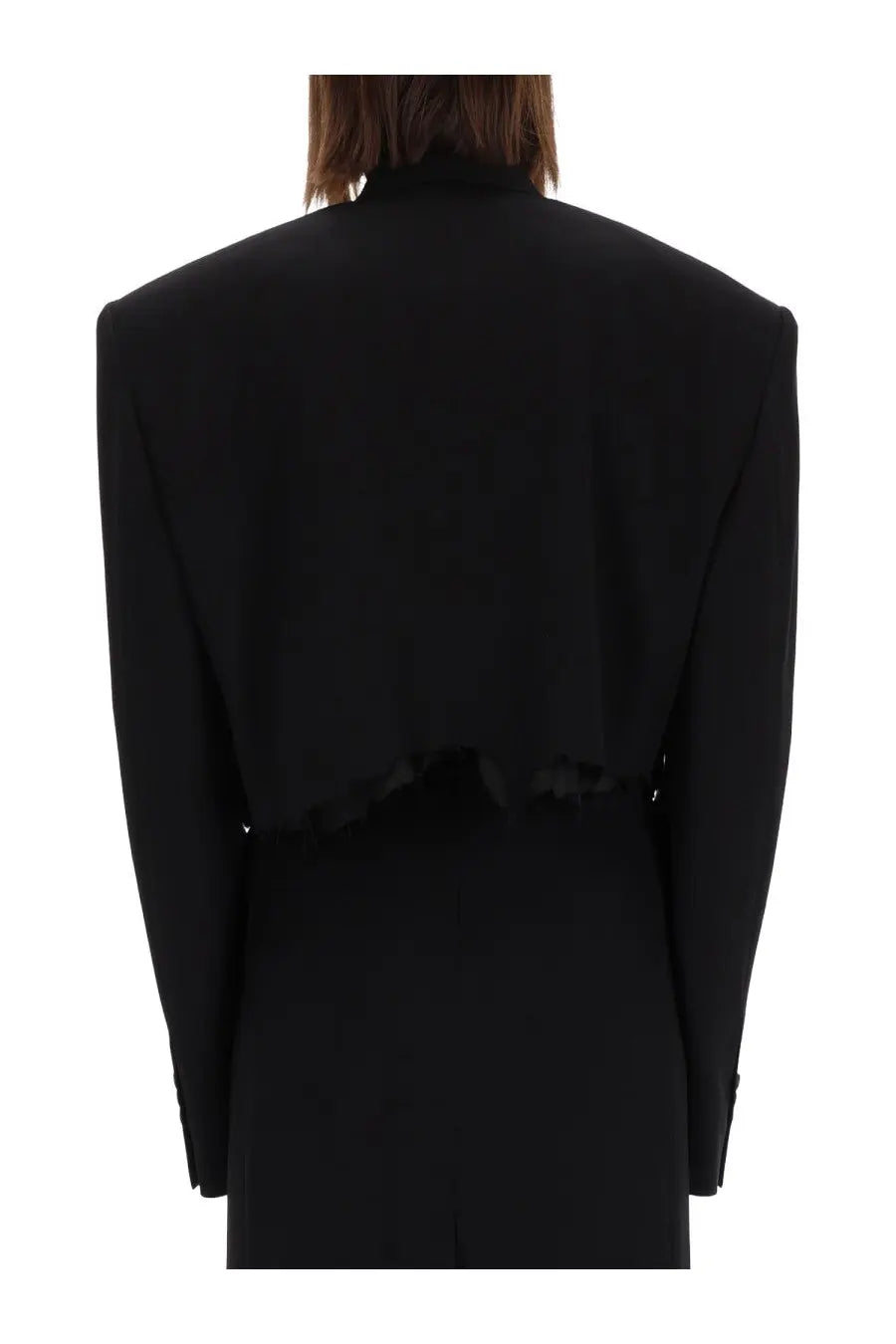 Balenciaga women’s black single breasted cropped blazer with wide shoulders and frayed hem
