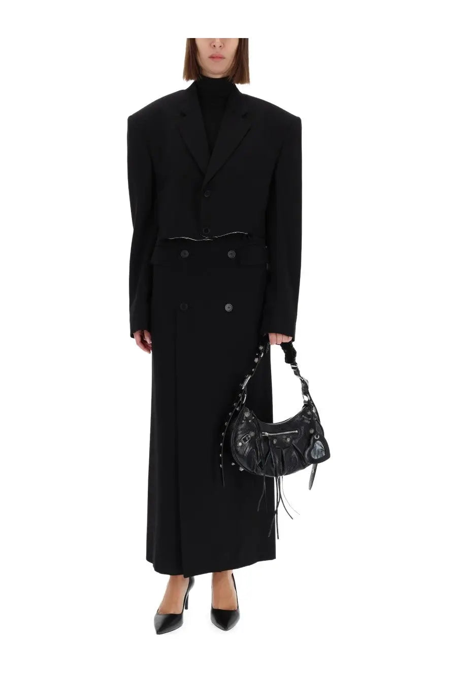 Balenciaga women’s single breasted cut off jacket black paired with black leather balenciaga moon bag with fringed detailing and studs