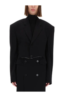 Balenciaga women’s black single breasted cut off jacket with structured shoulders and a distinctive waistband detail