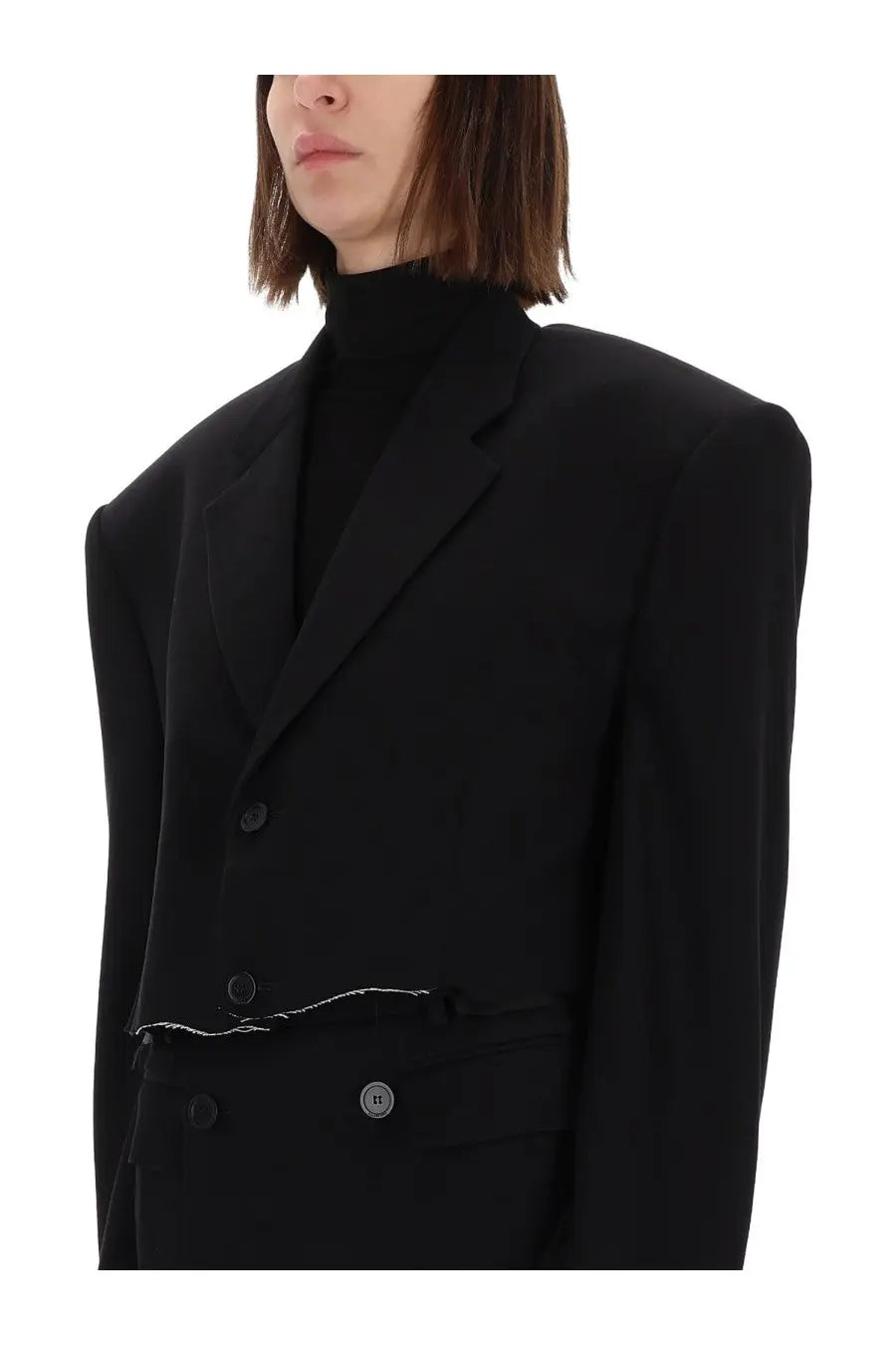 Balenciaga women’s black single breasted cut off blazer with exaggerated shoulders and white stitched hem detail