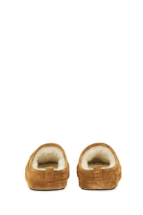 Balenciaga women’s Alaska brown slipper shoes in tan suede with plush white shearling lining for indoor comfort