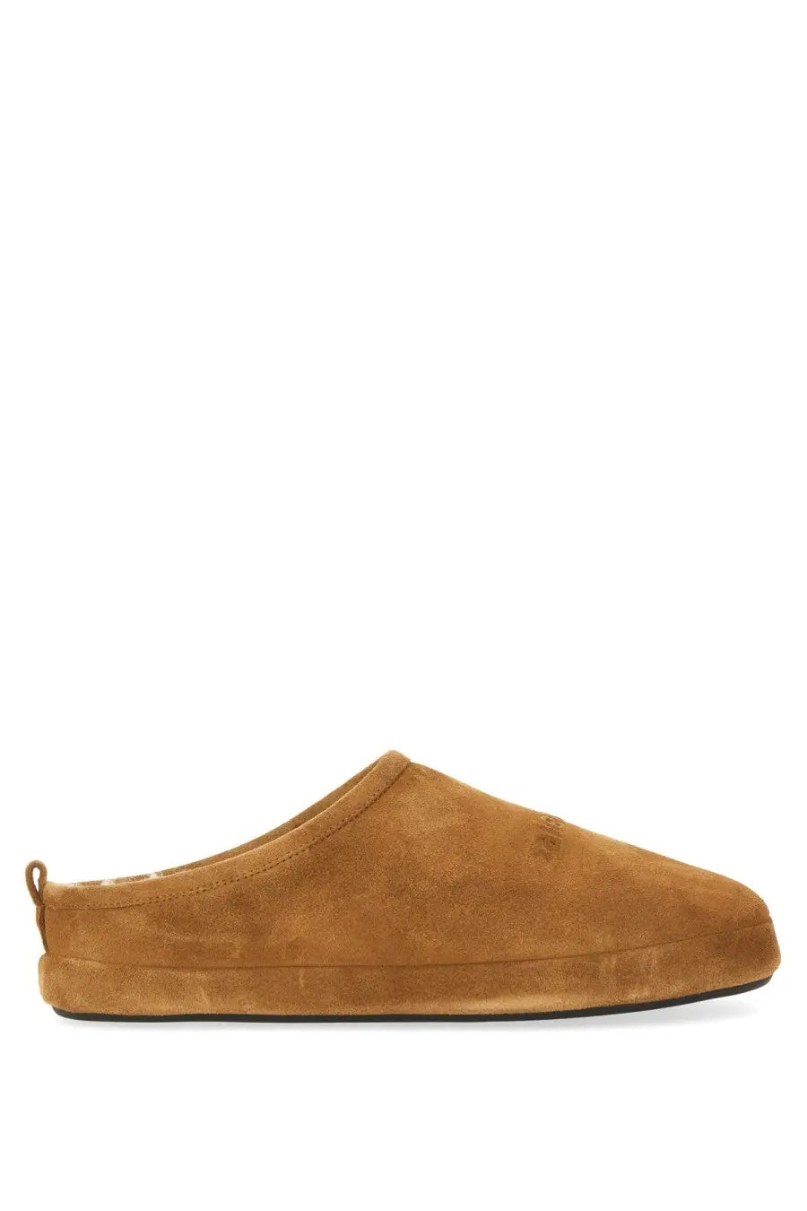 Balenciaga women’s alaska brown slip-on mule shoe in tan suede with plush interior and low-profile rubber sole