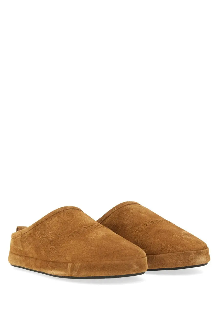 Balenciaga women’s slipper shoe alaska brown tan suede slip-on mules with minimalist design and embossed branding