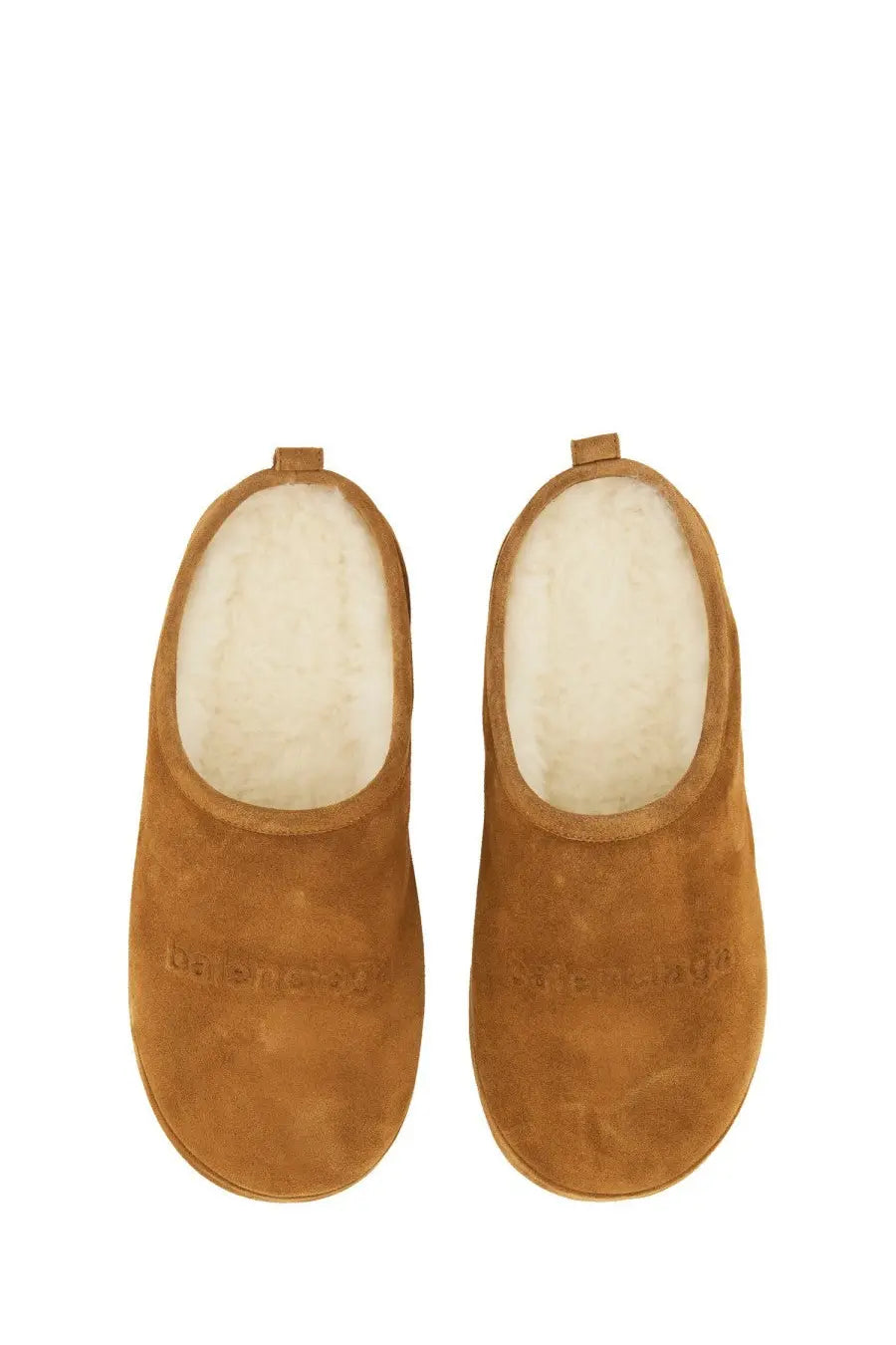Balenciaga women’s slipper shoe alaska brown tan suede with plush white shearling lining and embroidered brand name