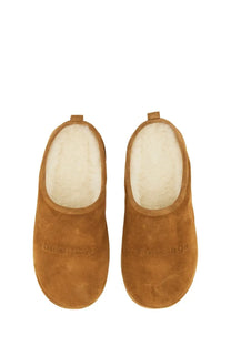 Balenciaga women’s slipper shoe alaska brown tan suede with plush white shearling lining and embroidered brand name