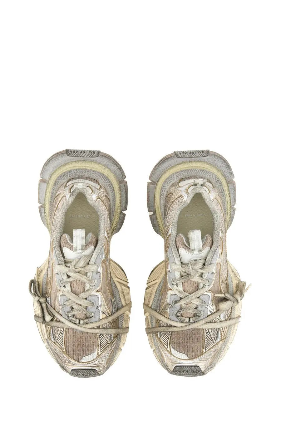 Balenciaga women’s sneaker 3xl white with distressed beige and gray layered textures and chunky soles with tied laces