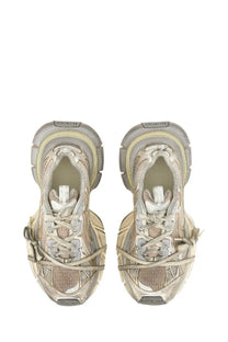 Balenciaga women’s sneaker 3xl white with distressed beige and gray layered textures and chunky soles with tied laces