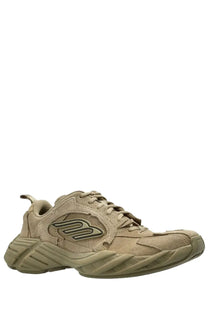 Balenciaga women’s sneaker monday beige featuring beige suede and chunky textured sole with olive green logo on side