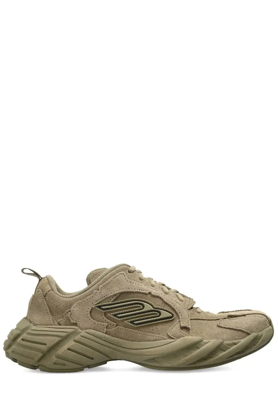 Balenciaga women’s sneaker monday beige tan suede shoe with chunky textured sole and embossed logo on the side