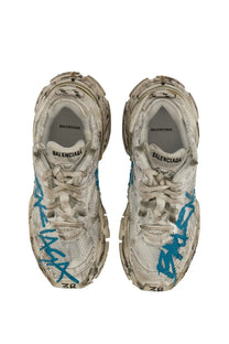 Balenciaga women’s sneaker runner white with distressed texture and blue graffiti style markings on white leather
