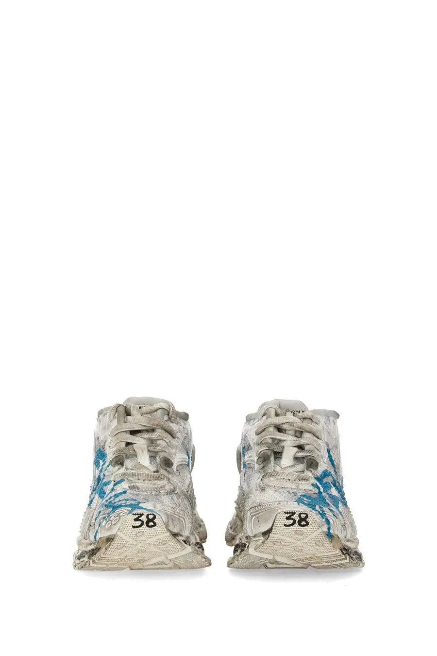 Balenciaga women’s sneaker runner white worn-out white and blue sneakers with distressed paint-splattered design