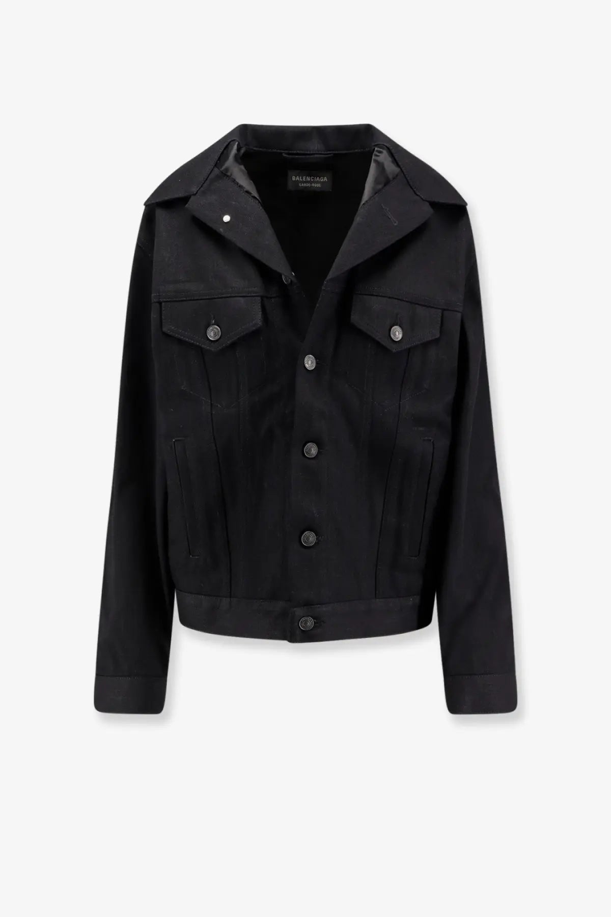 Balenciaga women’s black denim jacket with structured collar and front button closure
